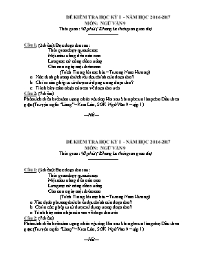 Đề kiểm tra học kì I môn Ngữ văn Lớp 9 - Năm học 2016-2017 - Trường THCS Quang Trung (Có đáp án)